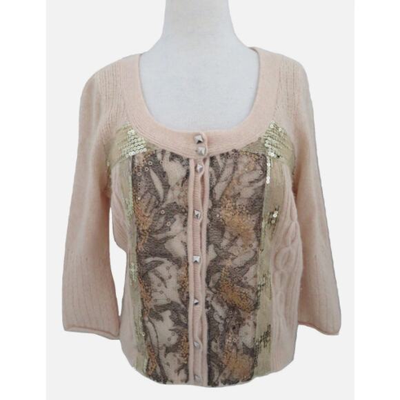 Free People Peach/Pink Sequin Lace front 3/4 Sleeve Cardigan Sweater- M - Picture 2 of 10